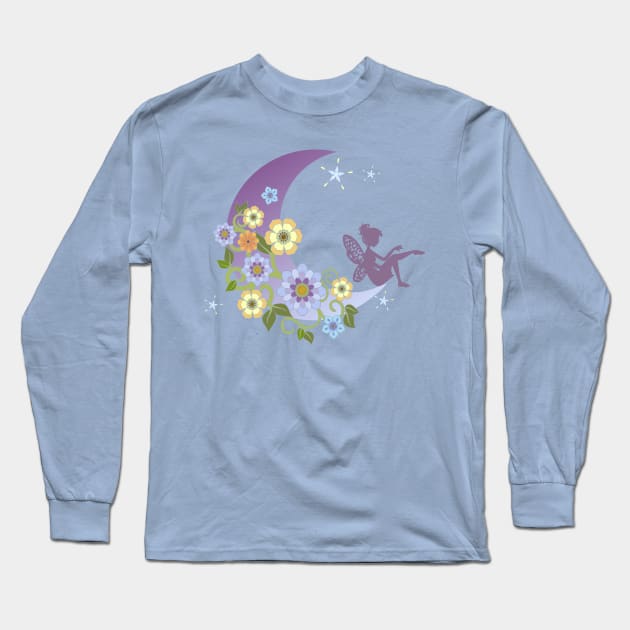 Fairy With Floral Moon Long Sleeve T-Shirt by AlondraHanley